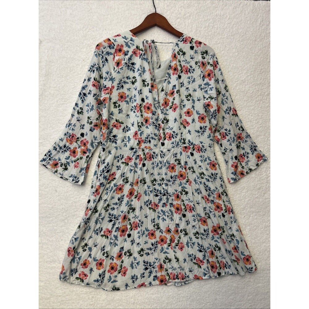 LOFT Blue Breeze Floral Print Dress Tie Back Bell 3/4 Sleeve White Pink Size 12 - Picture 5 of 10